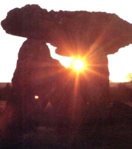The Maes-y-Felin chambered tomb near Cardiff, Glamorganshire, photographed near sunset on the Spring equinox in 1987