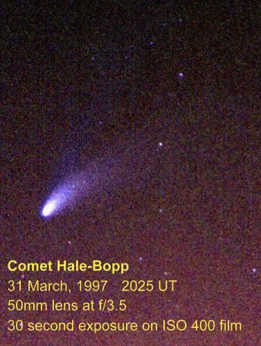 Photo of Hale-Bopp taken on 31st March 1997, showing the second bluish ion tail