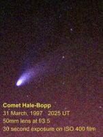 Photo of Hale-Bopp taken on 31st March 1997, showing the second bluish ion tail (43 KB)