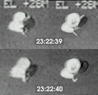 Still-frames of the Nellis UFO at 23:22:39 and 23:22:40, shown alongside the author's model of the UFO