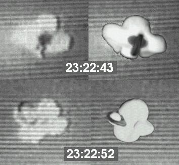 Still-frames of the Nellis UFO at 23:22:43 and 23:22:52, shown alongside the author's UFO model