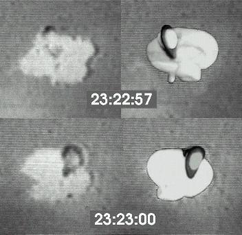 Still-frames of the Nellis UFO at 23:22:57 and 23:23:00 (during the rotation period), shown alongside the author's model of the UFO