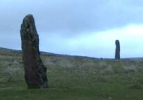 Two of the menhirs at Drizzlecombe, Dartmoor, Devon (Video frame capture, April 2003)