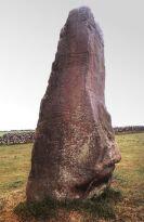 Long Meg standing stone. Note the carvings on the lower half the stone (Photo: July 1989)